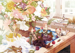 Rule 34 | 1boy, 2girls, :o, ahoge, arm support, blonde hair, bottle, bridal gauntlets, brown eyes, brown hair, bug, butterfly, closed eyes, commentary, counter, cranberry, crossed legs, cup, detached sleeves, drinking glass, eating, fantasy, flower, food, fork, fruit, hair flower, hair ornament, holding, holding food, holding fruit, indoors, insect, leaf, loc6, long hair, looking at another, looking at viewer, lying, mini person, miniboy, minigirl, multiple girls, muted color, on stomach, on table, open window, original, pantyhose, picnic, pointy ears, scenery, shoes, short hair, single shoe, sitting, size difference, smile, striped clothes, striped legwear, striped pantyhose, table, tablecloth, teacup, twintails, wariza, window, wine bottle, wine glass