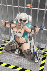 Rule 34 | 1girl, absurdres, alabama (azur lane), angry, aronman, azur lane, bare shoulders, bars, bikini, bikini under clothes, black bikini, black footwear, black thighhighs, blood, blood on clothes, blood stain, body markings, breasts, chinese commentary, cleavage, clenched hands, clothes writing, coat, coat on shoulders, collarbone, commentary request, commission, cuffs, dark-skinned female, dark skin, detached collar, facial mark, full body, hair between eyes, handcuffs, highleg, highleg bikini, highres, iron bars, large breasts, long coat, long hair, navel, open clothes, open coat, open mouth, prison, prison cell, restrained, second-party source, shackles, shadow, shoes, short shorts, shorts, sidelocks, skindentation, sneakers, solo, squatting, strapless, sweat, swimsuit, teeth, thighhighs, tube top, twintails, very long hair, whisker markings, white coat, white hair, white tube top