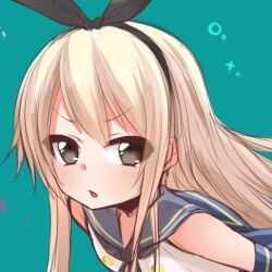 Rule 34 | 1girl, blonde hair, blush, bow, bubble, buttons, close-up, frown, hair bow, hoshimiya aki, kantai collection, leaning forward, long hair, lowres, open mouth, sailor collar, shimakaze (kancolle), simple background, solo, sparkle, upper body, very long hair