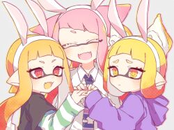 Rule 34 | 3girls, animal ears, blonde hair, closed eyes, commentary, diagonal bangs, holding hands, hood, hoodie, inkling, inkling girl, inkling player character, inuowour, long hair, multiple girls, nintendo, open mouth, pink hair, pointy ears, pout, purple hoodie, rabbit ears, red eyes, red hair, simple background, splatoon (series), symbol-only commentary, upper body, white background, yellow eyes