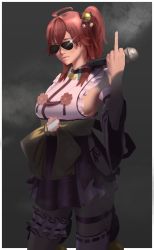 Rule 34 | 1girl, ahoge, aviator sunglasses, bell, bow, breasts, detached sleeves, dress, hair bell, hair ornament, hairclip, highres, holding, holding microphone, hololive, japanese clothes, looking at viewer, mechjunk, medium breasts, microphone, middle finger, miko, purple dress, red hair, sakura miko, sakura miko (1st costume), shadow, side ponytail, solo, sunglasses, thigh strap, tinted eyewear, virtual youtuber, yellow bow