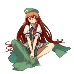Rule 34 | 1girl, bad id, bad pixiv id, blue eyes, braid, china dress, chinese clothes, dress, embodiment of scarlet devil, female focus, hands on feet, hat, hong meiling, kansou samehada, long hair, red hair, simple background, sitting, smirk, solo, touhou, twin braids, v arms