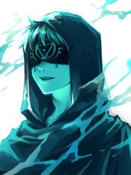 Rule 34 | 1boy, blindfold, blue theme, cloak, eli clark, facial mark, frontierpax, hood, hood up, hooded cloak, identity v, male focus, parted lips, short hair, simple background, smile, solo, teeth, upper teeth only, white background