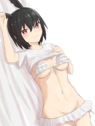 Rule 34 | 1girl, bikini, black hair, blush, breasts, cleavage, clothes lift, elfenlied22, fate/grand order, fate (series), frilled bikini, frills, head wings, highres, large breasts, looking at viewer, microskirt, navel, ortlinde (fate), red eyes, shirt, shirt lift, short hair, short sleeves, simple background, skirt, smile, swimsuit, valkyrie (fate), white bikini, white shirt, wings
