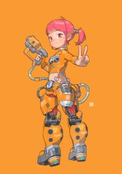 Rule 34 | 1girl, crop top, cyborg, female focus, flat chest, from behind, full body, gun, highres, holding, holding gun, holding weapon, joints, looking back, opossumachine, orange background, original, pink eyes, pink hair, robot joints, simple background, smile, solo, twintails, twisted torso, v, weapon, wire