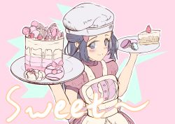 Rule 34 | 1girl, absurdres, apron, arms up, blue eyes, blue hair, cake, chef hat, creatures (company), dawn (palentine&#039;s 2021) (pokemon), dawn (pokemon), food, game freak, hair ornament, hairpin, hat, highres, holding, holding plate, long hair, looking at viewer, macaron, nintendo, pink background, pink shirt, plate, pokemon, pokemon masters ex, pokemongundam, shirt, smile, upper body