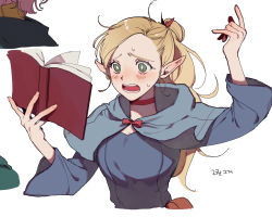 Rule 34 | 1girl, blonde hair, blue capelet, blush, book, capelet, choker, dungeon meshi, green eyes, hand up, holding, holding book, long hair, long sleeves, marcille donato, open book, open mouth, pointy ears, ponytail, red choker, solo, wide-eyed, yp (pypy 5 )