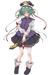Rule 34 | 1girl, green eyes, green hair, hat, highres, long sleeves, looking at viewer, purple hat, shiki eiki, short hair, simple background, solo, standing, touhou, tsune (tune)