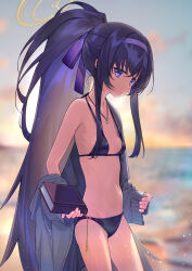 Rule 34 | 1girl, amana (pocketkey), bikini, black bikini, blue archive, blue eyes, blurry, blurry background, book, breasts, commentary request, hairband, halo, highres, holding, holding book, jewelry, long hair, looking at viewer, navel, necklace, ocean, official alternate costume, outdoors, ponytail, purple hairband, small breasts, solo, standing, swimsuit, ui (blue archive), ui (swimsuit) (blue archive), very long hair, yellow halo