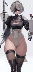 Rule 34 | 1girl, 2b (nier:automata), animated, arms under breasts, ass, black gloves, black hairband, black thighhighs, blindfold, boots, bouncing ass, bouncing breasts, breasts, center opening, cleavage, cleavage cutout, clothing cutout, crossed arms, crossover, gloves, gluteal fold, goddess of victory: nikke, groin, hairband, highleg, highleg leotard, highres, holding, holding sword, holding weapon, huge ass, jiggle, large breasts, leotard, lips, long sleeves, mole, mole under mouth, nier:automata, nier (series), official art, open mouth, pod (nier:automata), puffy sleeves, short hair, skindentation, sound, sword, tagme, thick thighs, thigh boots, thighhighs, thighs, video, weapon, white hair, white leotard, wide hips