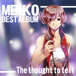 Rule 34 | 1girl, album cover, brown eyes, brown hair, cover, earrings, female focus, jewelry, meiko (vocaloid), microphone, microphone stand, shieo, short hair, smile, solo, vocaloid