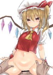 Rule 34 | 1boy, 1girl, :&gt;, ascot, bar censor, blonde hair, bottomless, bow, censored, flandre scarlet, golgi hon, hands on thighs, hat, hat bow, hetero, highres, long hair, mob cap, navel, penis, puffy short sleeves, puffy sleeves, red bow, red eyes, sex, short sleeves, simple background, smile, solo focus, thighhighs, thighs, touhou, vaginal, vest, white background, white hat, white thighhighs, wings, wrist cuffs, yellow ascot