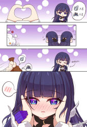 Rule 34 | 1girl, 1other, 4koma, puff of air, arrow (symbol), artist name, bag, bandaid, belt, black belt, blunt bangs, blush, blush stickers, bow, buttons, captain (honkai impact), chibi, chinese text, choker, close-up, closed eyes, comic, dust cloud, earrings, fighting, gloves, gradient background, hair bow, hand on another&#039;s hand, hand on own chest, hands on another&#039;s cheeks, hands on another&#039;s face, heart, heart hands, highres, holding, holding bag, honkai (series), honkai impact 3rd, jewelry, long hair, long sleeves, looking at viewer, looking to the side, motion lines, open mouth, polka dot, polka dot background, pov, pov hands, purple background, purple eyes, purple gloves, purple hair, raiden mei, ribbon choker, scratches, sigh, simple background, single earring, snoot challenge, speech bubble, spoken blush, spoken number, spoken object, star (symbol)