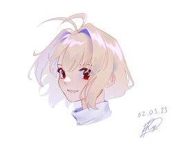 Rule 34 | 1girl, antenna hair, arcueid brunestud, blonde hair, commentary request, dated, hair intakes, highres, looking at viewer, portrait, red eyes, resolution mismatch, roman komarov, short hair, sidelocks, signature, simple background, smile, solo, source smaller, tsukihime, turtleneck, white background