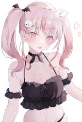 Rule 34 | 1girl, amachi renka, blush, breasts, cleavage, commentary, commission, hair ornament, heart, highres, indie virtual youtuber, medium breasts, mole, mole under eye, open mouth, pink eyes, pink hair, skeb commission, skull hair ornament, solo, twintails, virtual youtuber, wing hair ornament, yomogi mogu