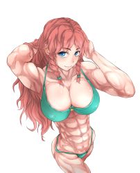 Rule 34 | 1girl, abs, bad id, bad pixiv id, biceps, bikini, blue eyes, blush, braid, breasts, collarbone, covered erect nipples, female focus, from above, green bikini, hands in hair, highres, hong meiling, large breasts, looking at viewer, looking up, muscular, muscular female, neck, o-ring, o-ring top, poini (king-scarlet-dead), red hair, simple background, smile, solo, swimsuit, touhou, twin braids, white background