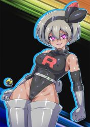 Rule 34 | 1girl, adapted costume, alternate costume, bea (pokemon), black leotard, breast press, breasts, cleft of venus, corruption, covered erect nipples, creatures (company), curvy, dark-skinned female, dark skin, game freak, gloves, glowing, glowing eyes, heavy breathing, highleg, highleg leotard, highres, holding, holding poke ball, hypnosis, large breasts, latex, legs together, leotard, lips, mind control, nintendo, nipples, no0o0n0o0on, partially visible vulva, pink eyes, poke ball, pokemon, pokemon swsh, revealing clothes, shiny clothes, shiny skin, short hair, skin tight, smile, solo, team rocket, team rocket uniform, thick thighs, thighhighs, thighs, twintails, ultra ball, wide hips