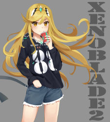 Rule 34 | 1girl, blonde hair, collarbone, contemporary, cup, cutoffs, disposable cup, drawstring, drinking, drinking straw, eyes visible through hair, gem, grey background, hand in pocket, headpiece, highres, holding, holding cup, hood, hoodie, kiiro kimi, long hair, long sleeves, mythra (xenoblade), nintendo, short shorts, shorts, simple background, solo, swept bangs, tiara, tsurime, very long hair, xenoblade chronicles (series), xenoblade chronicles 2, yellow eyes
