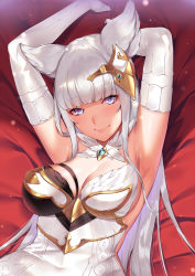 Rule 34 | 1girl, animal ears, armpits, arms up, blue eyes, blunt bangs, breasts, commentary request, deras, dress, gold trim, granblue fantasy, hair between eyes, hair ornament, korwa, looking at viewer, medium breasts, multicolored clothes, multicolored dress, smile, solo, white hair