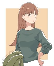 Rule 34 | 1girl, :o, blush, breasts, brown eyes, brown hair, dated, green jacket, green sweater, hand on own hip, holding, holding clothes, holding jacket, ichiroku (sakumogu-029), jacket, kantai collection, large breasts, long hair, looking at viewer, official alternate costume, one-hour drawing challenge, ooi (kancolle), simple background, skirt, solo, sweater, twitter username, upper body, white skirt