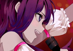 Rule 34 | 1girl, :d, absurdres, arm up, bare shoulders, blush, commentary request, detached sleeves, from side, highres, holding, holding microphone, hoshino ai (oshi no ko), looking away, microphone, open mouth, oshi no ko, profile, puffy short sleeves, puffy sleeves, purple eyes, purple hair, red background, short sleeves, smile, solo, symbol-shaped pupils, teeth, tsurara eeri, upper body, upper teeth only, white sleeves