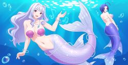Rule 34 | 2girls, absurdres, bead necklace, beads, blue hair, breasts, bubble, gem, highres, idolmaster, idolmaster (classic), jewelry, kiria021, kneeless mermaid, large breasts, long hair, looking at viewer, mermaid, miura azusa, monster girl, monsterification, multiple girls, musical note, navel, necklace, shell, shell bikini, shijou takane, short hair, smile, sparkle, underwater