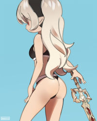 Rule 34 | 1girl, angry, armor, armpits, artist name, ass, back, bare shoulders, blue background, bra, breasts, broken armor, corrin (female) (fire emblem), corrin (fire emblem), female focus, fire emblem, fire emblem fates, fire emblem warriors, from behind, gameplay mechanics, hair ornament, hairband, hand on own thigh, highres, holding, holding sword, holding weapon, legs, long hair, midriff, multicolored underwear, neck, nintendo, pale skin, panties, pointy ears, red eyes, shiny skin, silver hair, simple background, solo, standing, sword, thighs, thong, underwear, underwear only, weapon