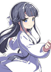 Rule 34 | 1girl, black hair, blue eyes, bow, dress, flat chest, hair bow, idolmaster, idolmaster million live!, kuresuku (lessons), long hair, long sleeves, looking at viewer, mogami shizuka, outstretched arms, sidelocks, smile, solo, upper body, white background, white bow, white dress, wind