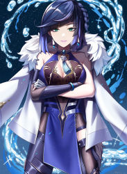 Rule 34 | 1girl, bare shoulders, blue hair, blunt bangs, braid, breasts, cleavage, cleavage cutout, clothing cutout, commentary request, cowboy shot, crossed arms, dice, elbow gloves, fur-trimmed jacket, fur trim, genshin impact, gloves, green eyes, grin, highres, jacket, jacket on shoulders, kutsuda miru, large breasts, looking at viewer, mole, mole on breast, parted lips, partial commentary, pelvic curtain, pink lips, short hair, single braid, single glove, sleeveless, smile, solo, standing, white jacket, yelan (genshin impact)