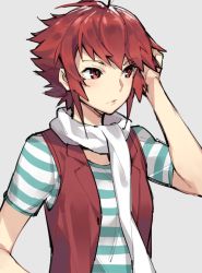 Rule 34 | 1girl, ahoge, alternate costume, blouse, contemporary, fire emblem, fire emblem fates, ge-b, grey background, hand in own hair, hinoka (fire emblem), jacket, looking away, nintendo, red eyes, red hair, scarf, shirt, short hair, simple background, solo, striped clothes, striped shirt