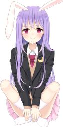 Rule 34 | 1girl, absurdres, animal ears, beige sweater vest, blazer, blush, bow, breasts, buttons, commentary request, convenient leg, crescent, crescent pin, dot nose, full body, happy, highres, indian style, jacket, knees, light purple hair, long hair, long sleeves, looking at viewer, medium breasts, necktie, pink skirt, pleated skirt, rabbit ears, red eyes, red necktie, reisen udongein inaba, sidelocks, simple background, sitting, skirt, smile, socks, solo, stigma1101, suit jacket, thighs, touhou, white background, white socks