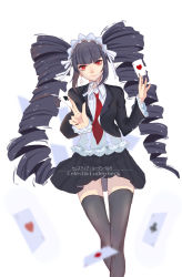 Rule 34 | 10s, 1girl, ace (playing card), ace of clubs, ace of diamonds, ace of hearts, ace of spades, bad id, bad pixiv id, black hair, black nails, black skirt, black thighhighs, bonnet, card, celestia ludenberg, club (shape), danganronpa: trigger happy havoc, danganronpa (series), diamond (shape), drill hair, frills, gothic lolita, heart, lolita fashion, long hair, nail polish, necktie, playing card, red eyes, simple background, skirt, smile, solo, spade (shape), stella (myx), thighhighs, twin drills, zettai ryouiki