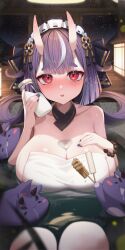 Rule 34 | 1girl, absurdres, bead bracelet, beads, blush, bottle, bracelet, breasts, collar, creature, food, frilled hairband, frills, hairband, hand on own chest, headband, highres, hime cut, holding, holding bottle, horns, jewelry, kyudong., large breasts, looking at viewer, milk, milk bottle, multicolored hair, nail polish, onsen, open mouth, purple hair, red eyes, short eyebrows, shune (virtual hertz), skin-covered horns, streaked hair, towel, virtual hertz, virtual youtuber, water, white hair, white towel