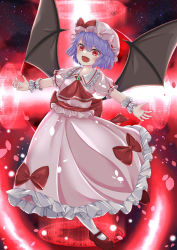 Rule 34 | 1girl, ascot, bat wings, blue hair, brooch, commentary request, energy, fang, floating, full body, hair between eyes, hat, hat ribbon, highres, jewelry, leaning back, light particles, looking at viewer, magic circle, mary janes, mob cap, night, open mouth, outstretched arms, pantyhose, petticoat, pink hat, pink shirt, pink skirt, red ascot, red eyes, red footwear, remilia scarlet, remitei03, ribbon, runes, sash, shirt, shoes, short hair, skirt, slit pupils, solo, spread arms, touhou, white pantyhose, wings, wrist cuffs
