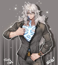 Rule 34 | 1boy, bad id, bad pixiv id, balmung (fate/apocrypha), bespectacled, dark-skinned male, dark skin, fate (series), giorno giovanna&#039;s pose (jojo), glasses, green eyes, highres, jojo no kimyou na bouken, jojo pose, long hair, male focus, muscular, muscular male, neon trim, official alternate costume, pectoral cleavage, pectorals, scar, scar on chest, siegfried (fate), siegfried (super cool biz) (fate), solo, undressing, vento aureo, watch, white hair, wristwatch