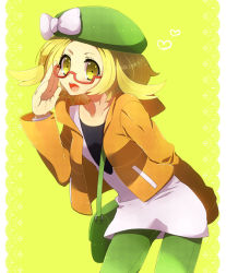 Rule 34 | 1girl, :d, adjusting eyewear, bag, bianca (pokemon), blush, bow, commentary request, creatures (company), dress, eyelashes, game freak, glasses, green bag, green hat, green pants, hand up, hat, hat bow, heart, jacket, leaning forward, long sleeves, nintendo, open clothes, open jacket, open mouth, orange jacket, pants, pokemon, pokemon bw2, semi-rimless eyewear, shooting428star, short dress, shoulder bag, smile, solo, teeth, tongue, upper teeth only, white bow, yellow eyes