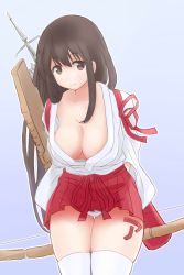 Rule 34 | 10s, 1girl, akagi (kancolle), blue background, bow (weapon), breasts, brown eyes, brown hair, cleavage, hakama, hakama skirt, highres, japanese clothes, kantai collection, large breasts, long hair, looking at viewer, miniskirt, panties, red hakama, ribbon, shield, simple background, skirt, smile, sweat, sword, thighhighs, underwear, very long hair, weapon, white panties, white thighhighs