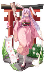 Rule 34 | 1girl, 2023, absurdres, alternate costume, animal ears, black footwear, blush, breasts, chinese zodiac, closed mouth, floral print, flower, food, full body, hagoita, hane (hanetsuki), hanetsuki, highres, japanese clothes, kimono, large breasts, light purple hair, long hair, looking at viewer, mahoro (minase mahoro), mochi, new year, omikuji, outdoors, paddle, pink kimono, rabbit ears, rabbit girl, red eyes, reisen udongein inaba, sandals, smile, solo, standing, torii, touhou, white flower, year of the rabbit, zouri
