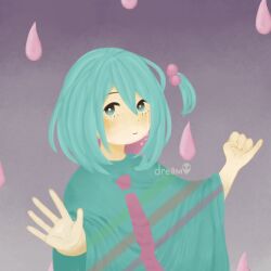 Rule 34 | 1girl, astr0n0tes, blue eyes, blue hair, blue poncho, blush, city lights (vocaloid), closed mouth, crying, crying with eyes open, detached hair, expressionless, gradient background, hair bobbles, hair ornament, hands up, highres, looking at viewer, medium hair, moyoko (powapowa-p), necktie print, one side up, open hand, pinky out, purple background, solo, teardrop, tears, vocaloid