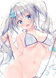 Rule 34 | 1girl, bikini, bikini pull, blue eyes, blush, breasts, cleavage, clothes pull, collarbone, fang, flower, hair flower, hair ornament, long hair, looking at viewer, medium breasts, navel, open mouth, original, ryouka (suzuya), scrunchie, simple background, smile, solo, swimsuit, twintails, underboob, upper body, water drop, white background, white bikini, white hair, wrist scrunchie