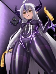Rule 34 | ahoge, bdsm, bodysuit, bondage, bondage outfit, bound, braid, braided bangs, breasts, candle, crotch zipper, crow (la+ darknesss), demon girl, demon horns, dominatrix, femdom, grey hair, highres, holding, holding candle, hololive, horns, la+ darknesss, latex, latex bodysuit, long hair, multicolored hair, pointy ears, purple hair, shiny clothes, skin tight, slit pupils, small breasts, streaked hair, striped horns, tail, tomahawk (nagarebosi8492), very long hair, virtual youtuber, wax, wax play, whip, yellow eyes, zipper, zipper pull tab