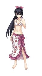 Rule 34 | 1girl, absurdres, ar tonelico, bare shoulders, barefoot, bikini, black hair, blue eyes, bow, braid, breasts, cleavage, collarbone, feet, female focus, fingernails, floral print, frills, front-tie top, full body, hair between eyes, hair bow, halterneck, hand on own chest, highres, hirano katsuyuki, legs, long hair, long image, looking at viewer, misha arsellec lune, navel, ponytail, sarong, simple background, smile, solo, standing, swimsuit, swimsuit under clothes, tall image, toes, white background, white bikini