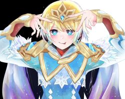 Rule 34 | 1girl, black background, blonde hair, blue eyes, cloak, double v, earrings, feather trim, fire emblem, fire emblem heroes, fjorm (fire emblem), highres, hoshino ai&#039;s pose, jewelry, looking at viewer, nintendo, nintendopose imitation, pose imitation, short hair, smile, solo, sturm fe k11, takahashi rie, tiara, tongue, tongue out, two-tone background, upper body, v, voice actor connection, white background