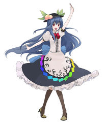 Rule 34 | 1girl, blue hair, boots, female focus, food, fruit, full body, hat, high heel boots, high heels, hinanawi tenshi, kintaro, knee boots, long hair, peach, red eyes, shoes, simple background, solo, standing, touhou, white background