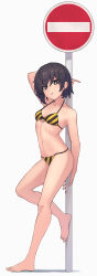 Rule 34 | 1girl, absurdres, bikini, black eyes, black hair, blush, breasts, closed mouth, collarbone, commentary, commentary request, diagonal-striped bikini, diagonal-striped clothes, full body, hair between eyes, highres, looking at viewer, navel, no entry sign, original, pinky out, road sign, short hair, sign, simple background, small breasts, solo, standing, striped bikini, striped clothes, swimsuit, tongue, tongue out, white background, wozora