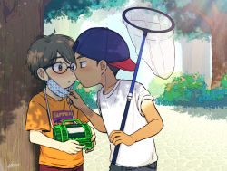 Rule 34 | 2boys, antenna hair, backwards hat, baseball cap, black hair, blush, brown hair, bush, butterfly net, child, child on child, commentary request, dappled sunlight, day, eye contact, eyewear on head, face-to-face, forehead-to-forehead, full-face blush, hand net, hat, heads together, highres, holding, holding butterfly net, imminent kiss, incoming kiss, looking at another, mask, mouth mask, multiple boys, net, oginy, open mouth, original, outdoors, pulling, radio, shirt, short hair, summer, sunlight, tan, tanline, white shirt, yaoi, yellow shirt