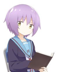 Rule 34 | 1girl, black cardigan, blue sailor collar, book, cardigan, chair, chintara10, closed mouth, commentary request, expressionless, hair between eyes, holding, holding book, kita high school uniform, long sleeves, looking to the side, nagato yuki, open cardigan, open clothes, purple hair, red ribbon, ribbon, sailor collar, school uniform, serafuku, short hair, simple background, solo, suzumiya haruhi no yuuutsu, upper body, white background, winter uniform