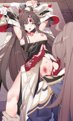 Rule 34 | 1boy, 1girl, bare legs, breasts, breasts out, brown hair, censored, chain, chained, character request, detached sleeves, double bun, earrings, hair bun, highres, hua yi shanxin zhiyue, jewelry, jianxia qingyuan (series), jianxia qingyuan online 3, light brown hair, long hair, medium breasts, nami qi, nipples, open mouth, ponytail, princess, pussy, table, two-tone dress, upper body, yellow eyes, zhao yang