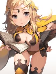 Rule 34 | 1girl, bad id, bad pixiv id, black gloves, black thighhighs, blonde hair, blush, book, breasts, bridal gauntlets, cape, center opening, circlet, cleavage, elbow gloves, fire emblem, fire emblem fates, gloves, gluteal fold, grey eyes, hand on own hip, holding, holding book, holding weapon, leaning forward, long hair, looking at viewer, medium breasts, navel, nintendo, ophelia (fire emblem), riku (wana), smile, solo, thighhighs, weapon