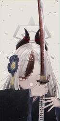 Rule 34 | 1girl, absurdres, asymmetrical bangs, black hair, black kimono, blue archive, covered mouth, demon horns, earclip, english text, flower, grey hair, hair flower, hair ornament, hands up, highres, horns, japanese clothes, katana, kayoko (blue archive), kayoko (new year) (blue archive), kimono, long hair, long sleeves, looking at viewer, multicolored hair, official alternate costume, official alternate hairstyle, one eye closed, portrait, red eyes, shitsugaikotsu, solo, sword, two-tone hair, weapon, white hair, wide sleeves